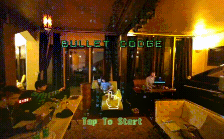 Bullet Dodge mixed reality game with Matrix-style digital rain in a lounge